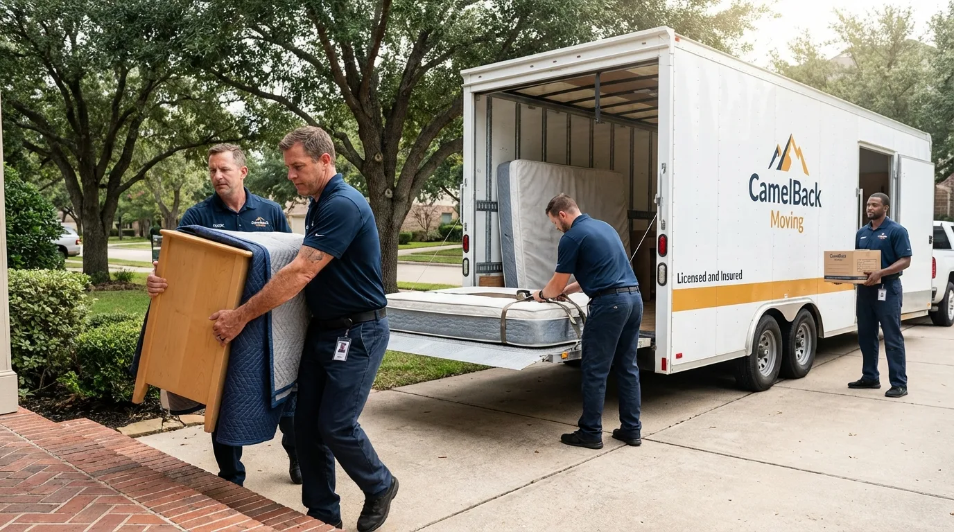 Crew loading residential truck for cross-state move from Phillips, WI
