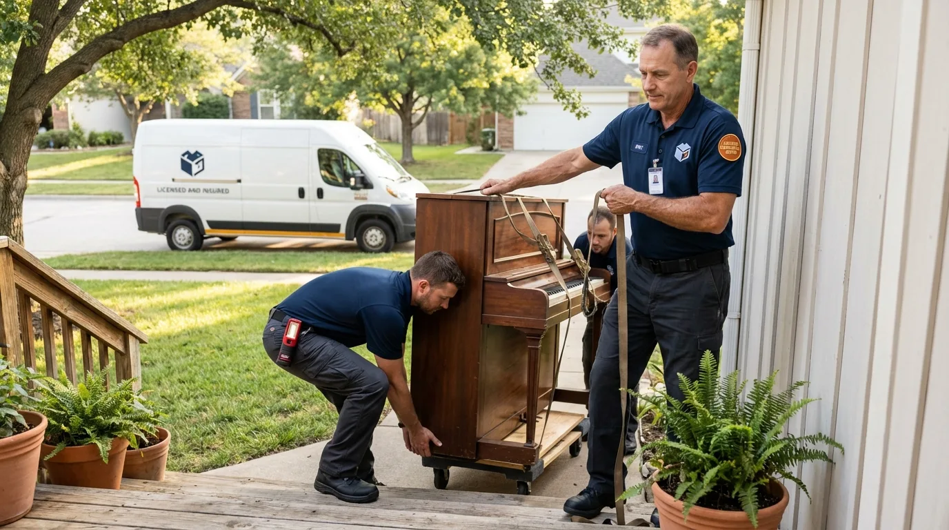 Licensed piano movers securing grand piano in Phillips, WI