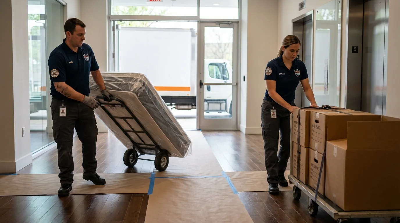 Professional apartment movers loading elevator in Phillips, WI